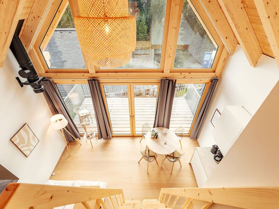 Wood, Interior Design, Ceiling, Lighting, Floor, Wood Stain, Room, Hardwood, Light Fixture, Loft