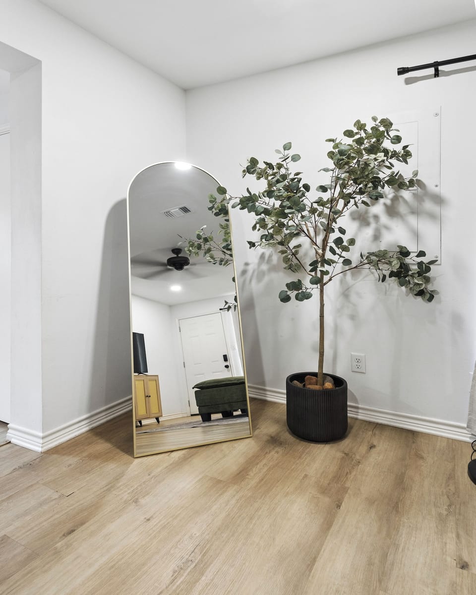 Bright minimalist corner with arched mirror and stylish greenery