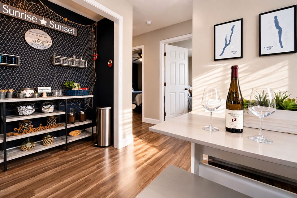 Bright dining nook with coffee bar, wine setup, and warm coastal charm