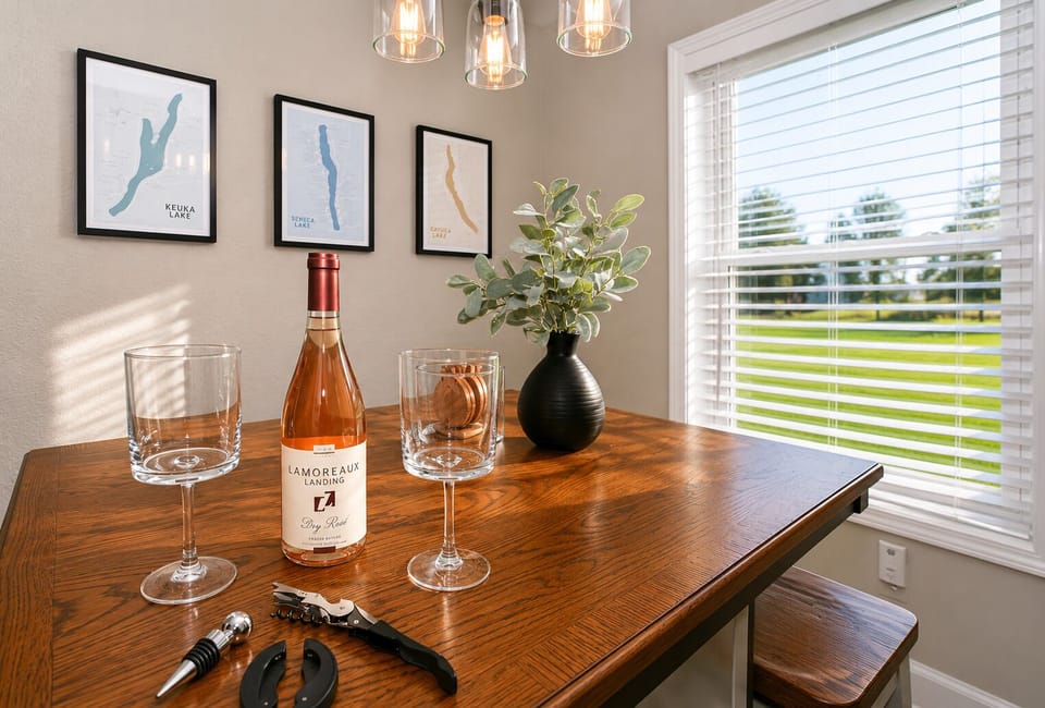 Sunny dining nook with wine setup and peaceful green views