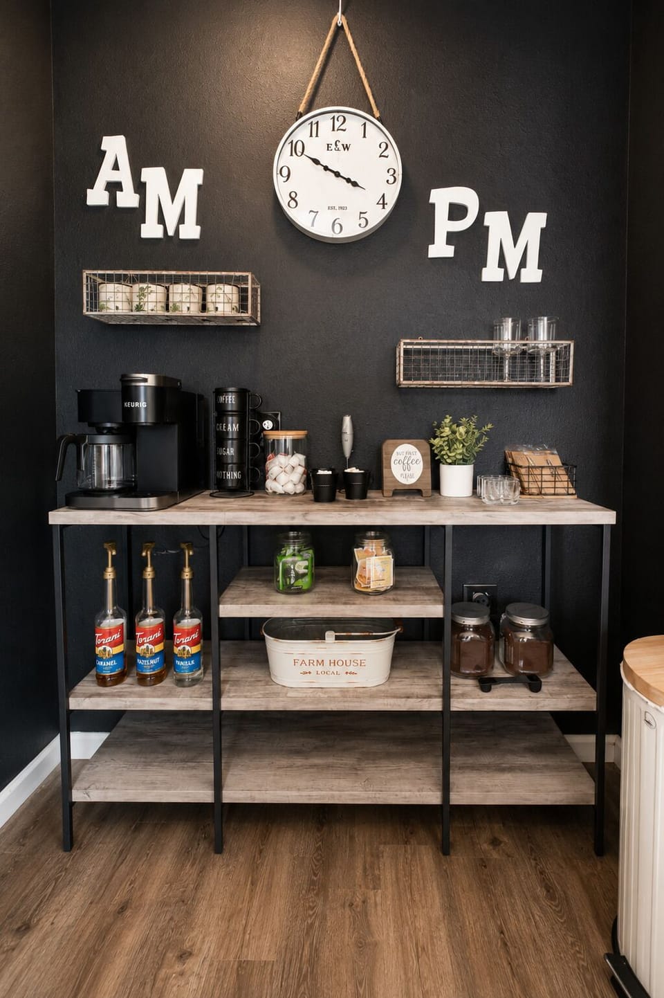 Chic coffee bar with rustic shelves, stocked essentials, and bold accent wall