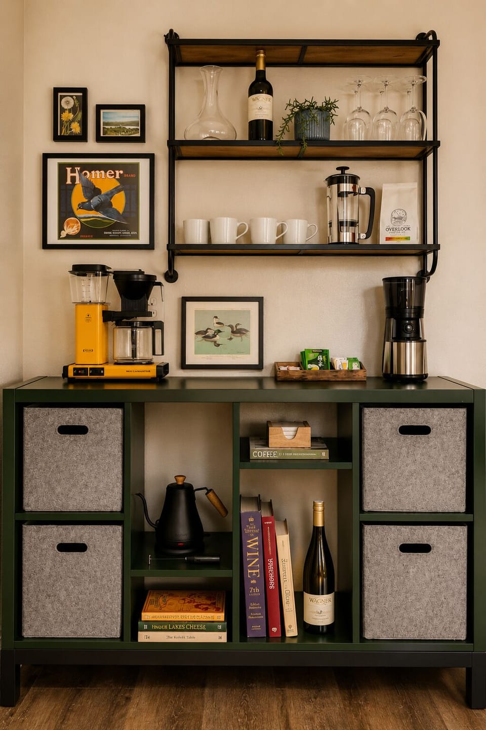 Charming coffee and wine station with stylish storage and guest-ready amenities