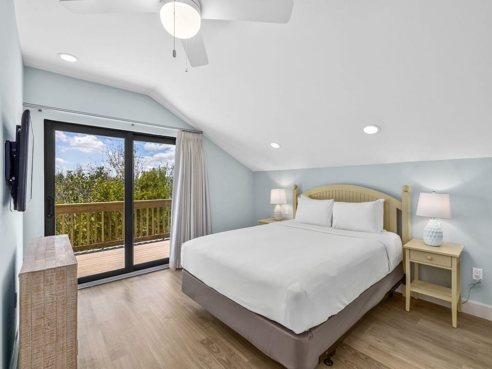 A bedroom offers a quiet place to rest after a day outdoors.