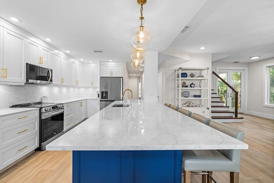 The dining area opens onto the kitchen for easy meals.