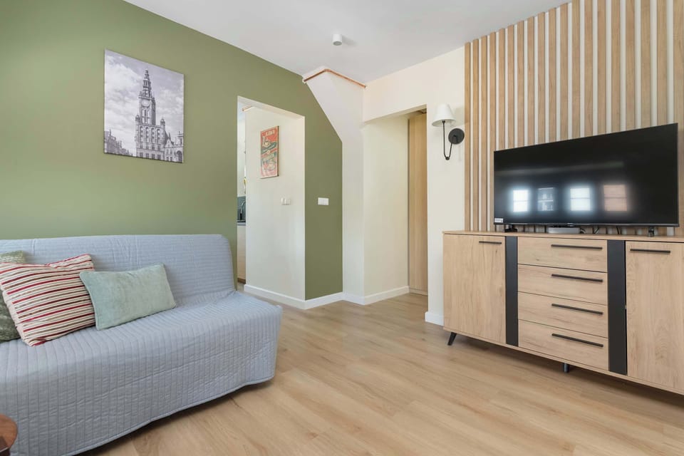 A cozy studio featuring a comfortable sofa bed and a fully equipped kitchenette. The open-plan layout provides a practical and welcoming space for relaxing and preparing meals.
