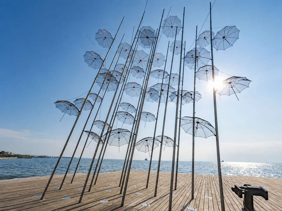 The Umbrellas sculpture on Thessaloniki's waterfront, just a pleasant walk from the city centre.