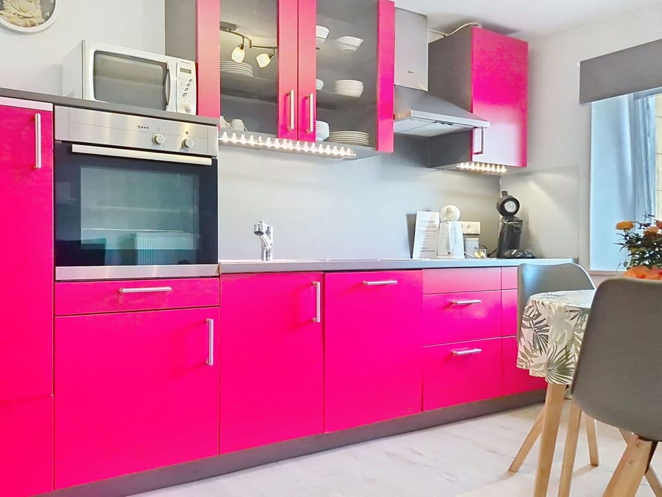 Kitchen, Pink, Kitchen Appliance, Cabinetry, Countertop, Major Appliance, Sink, Paint, Drawer, Cupboard