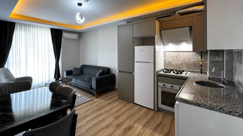 Full-size fridge, stovetop, dishwasher, cookware/dishes/utensils