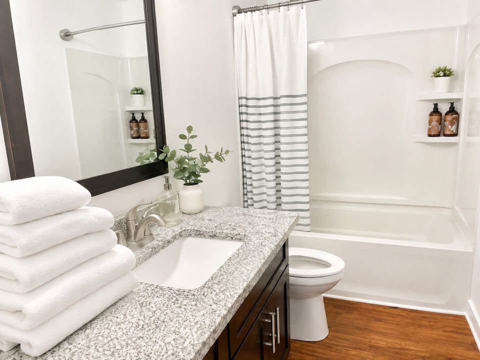 Bright modern bathroom with granite vanity and tub-shower combo