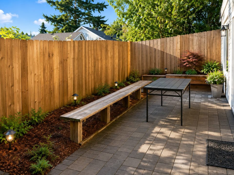 Private fenced patio with outdoor dining, bench seating, and garden lighting