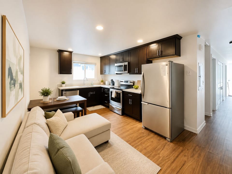 Bright modern kitchen with cozy lounge space and stainless appliances