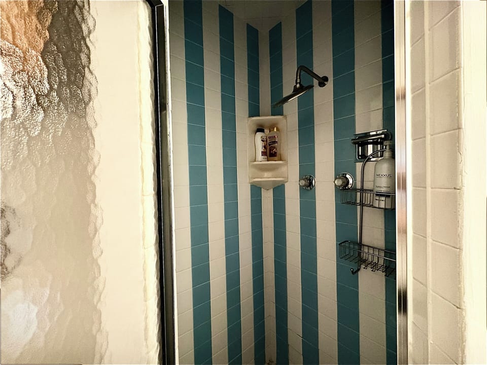 Walk in shower with shampoo, conditioner, soap.