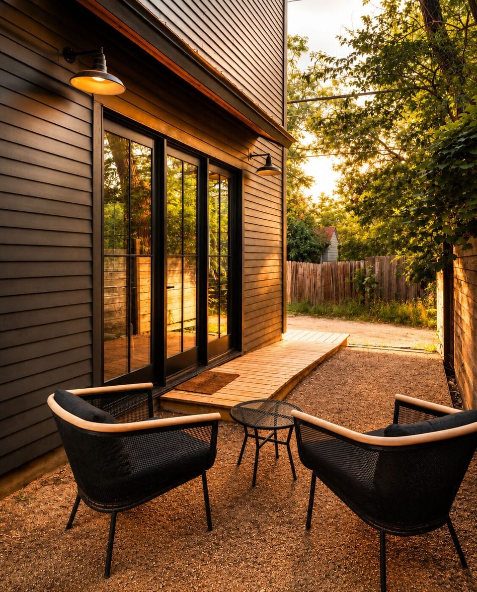 Sit outside with a drink, ramp connecting the patio to the driveway.
