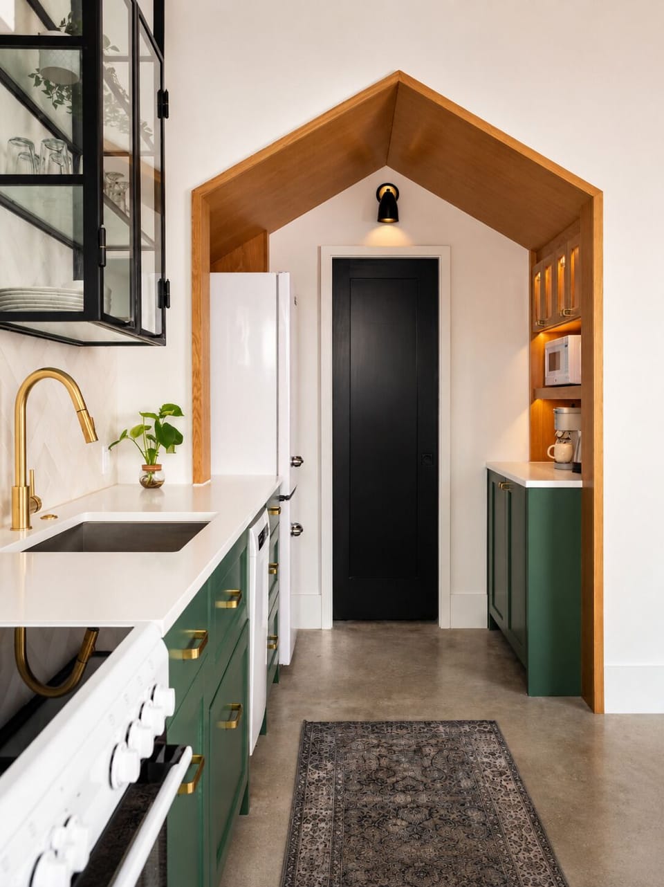 Coffee nook tucked past the fridge, easy flow between cook and clean.