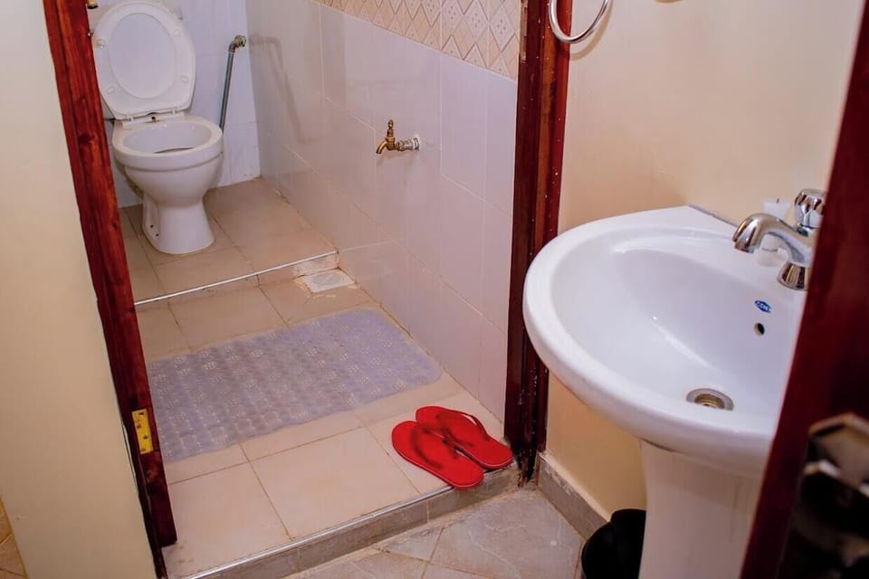 Shower, free toiletries, slippers, towels