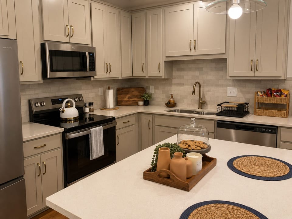 Full kitchen with refrigerator, stove, microwave and dishwasher.