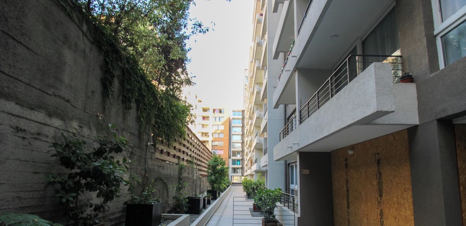 Modern landscaped courtyard with seating and a peaceful residential feel