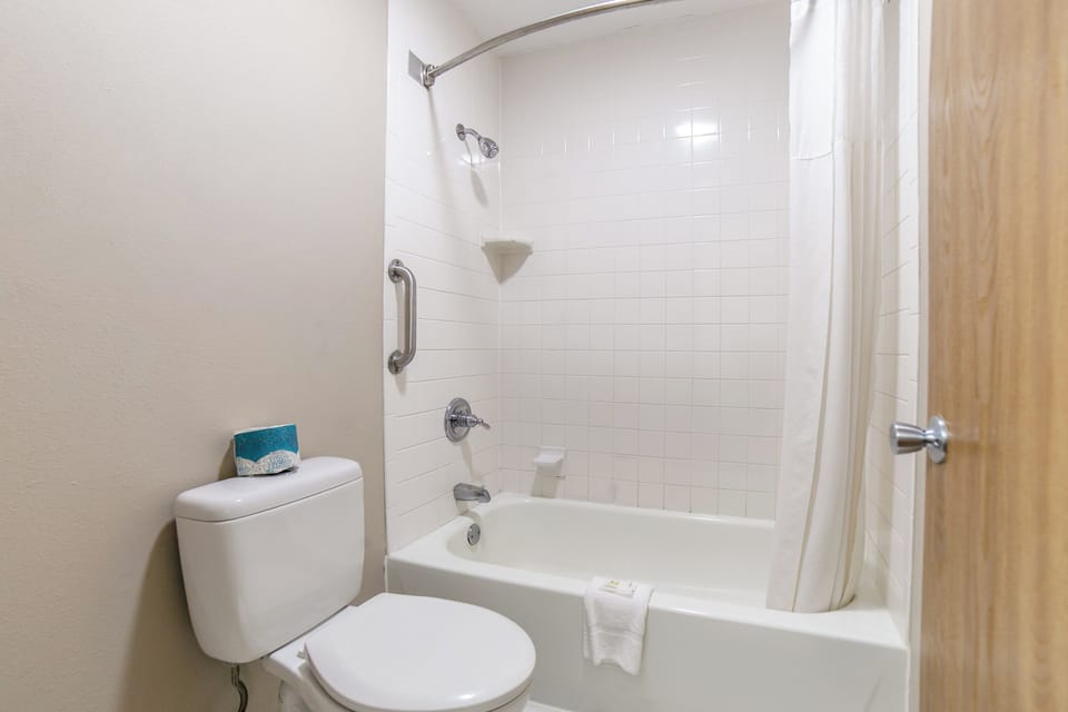 Hair dryer, towels, soap, shampoo