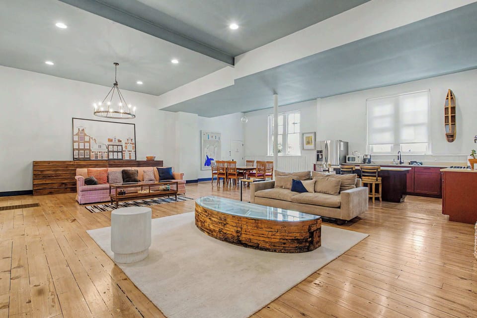 This is where cooking, dining, and relaxing share the same storied space