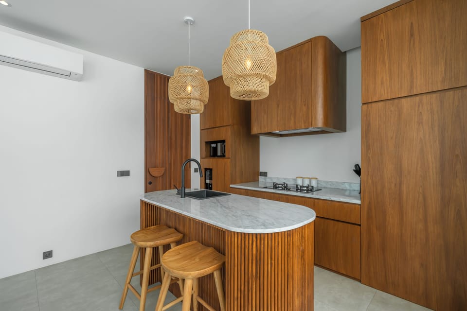 Villa, Pool View | Private kitchen | Fridge, microwave, stovetop, freezer
