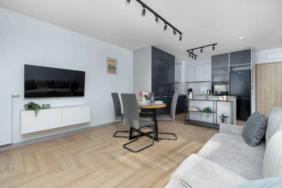 The open-plan living area includes a wall-mounted flat-screen TV above a white console unit. Track lighting on the ceiling illuminates the space, which seamlessly connects the dining and kitchenette areas.