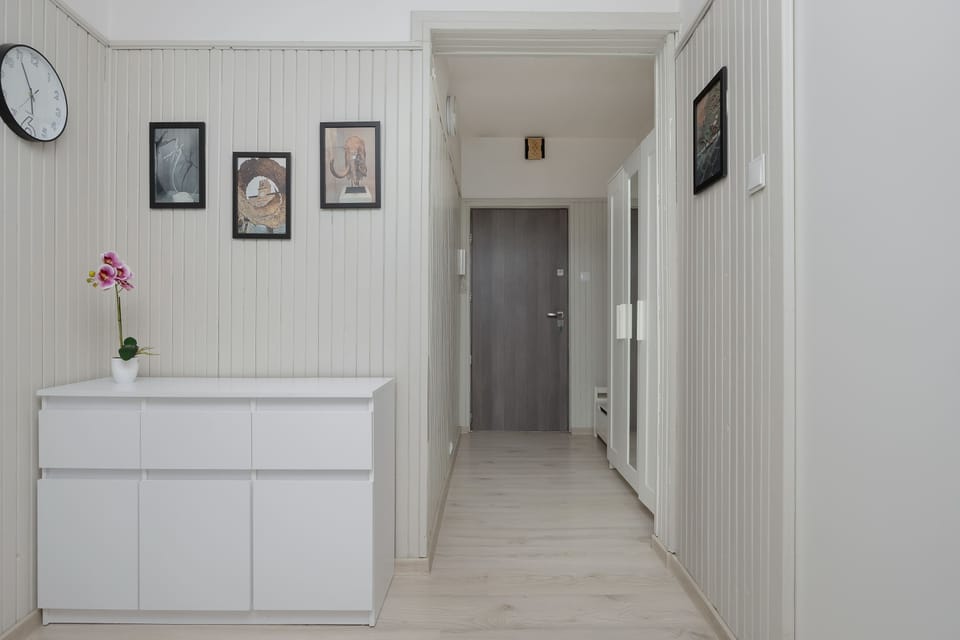 Hallway with a storage cabinet and convenient access to the apartment rooms.