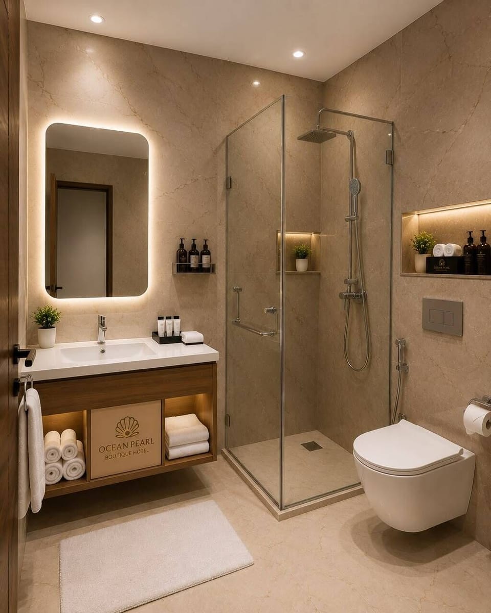 Shower, towels, soap, shampoo