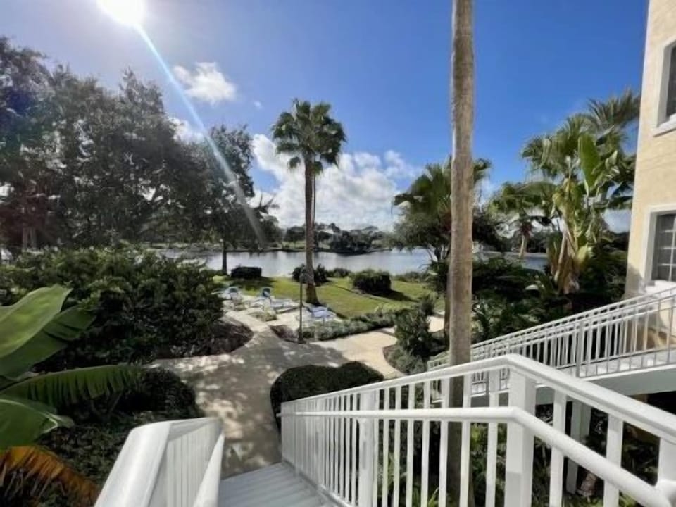 Staircase leading down to palm trees and the waterway, with sunlight sparkling off the water below