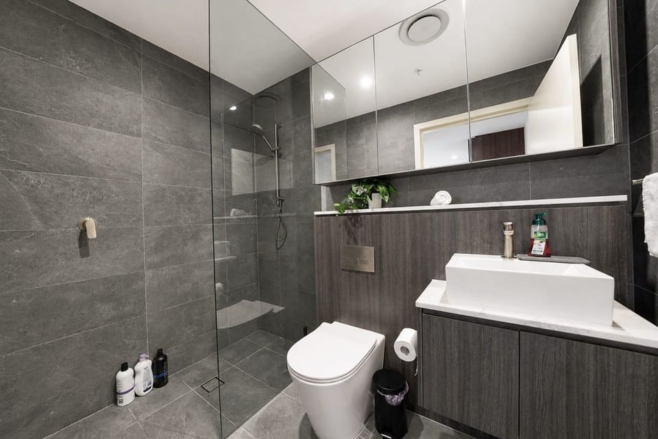 Bathroom with dark grey stone look tiles. Walk in shower with a hand held shower on a slide rail, a tiled niche and a glass screen. A back to wall toilet and a timber look vanity with a white vessel basin below a full width mirror cabinet.