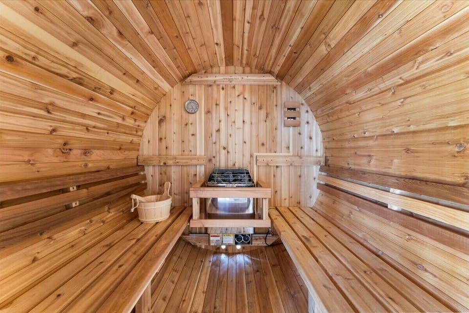4 Person Cedar Wet Barrel Sauna.  Harva Heater