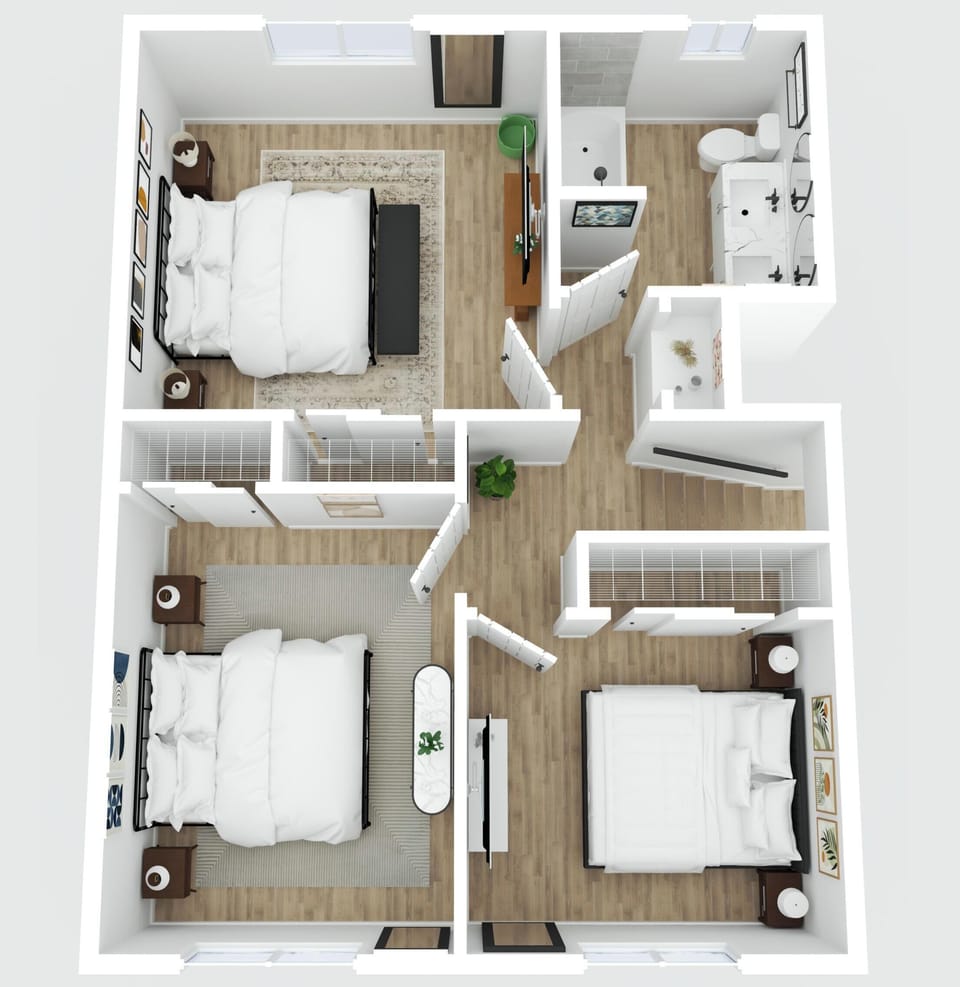 Spacious upper level with 3 bedrooms and a full bath for easy group stays