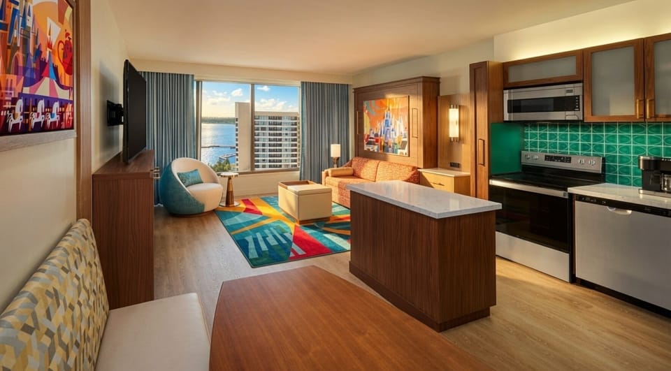 Living Area • Kitchen & Dining + 1 Queen Pull-down Bed + 1 Single Pull-down Bed