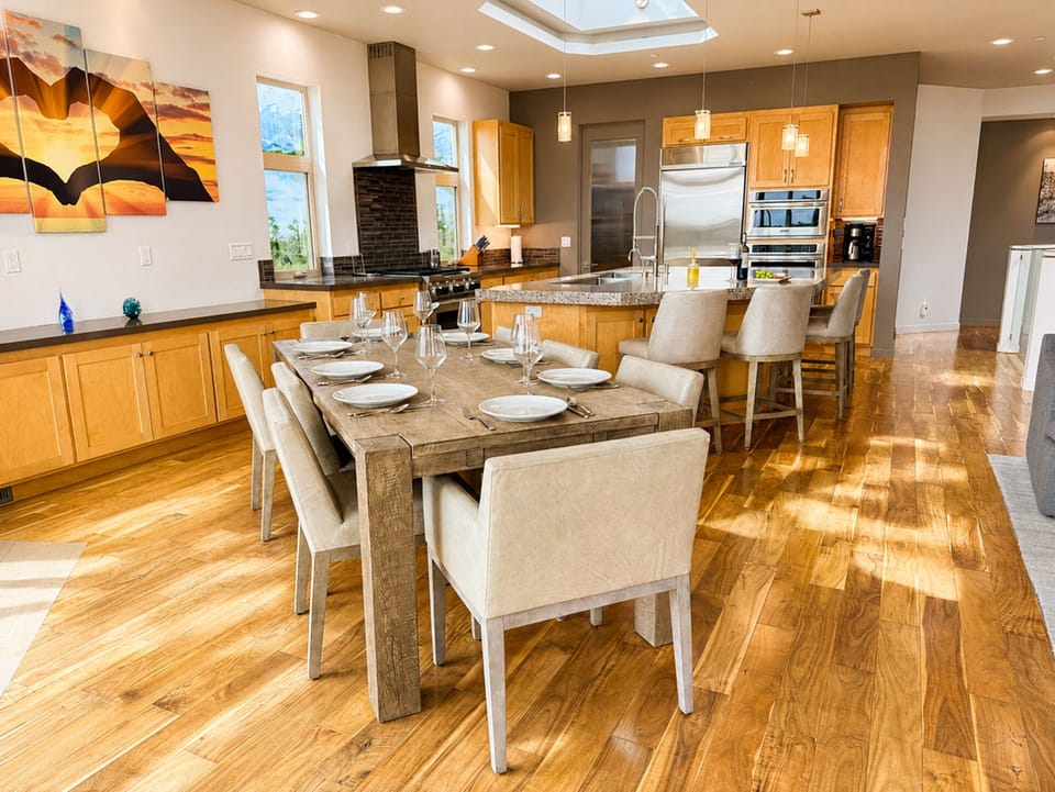 The kitchen and dining area are designed for easy gathering.