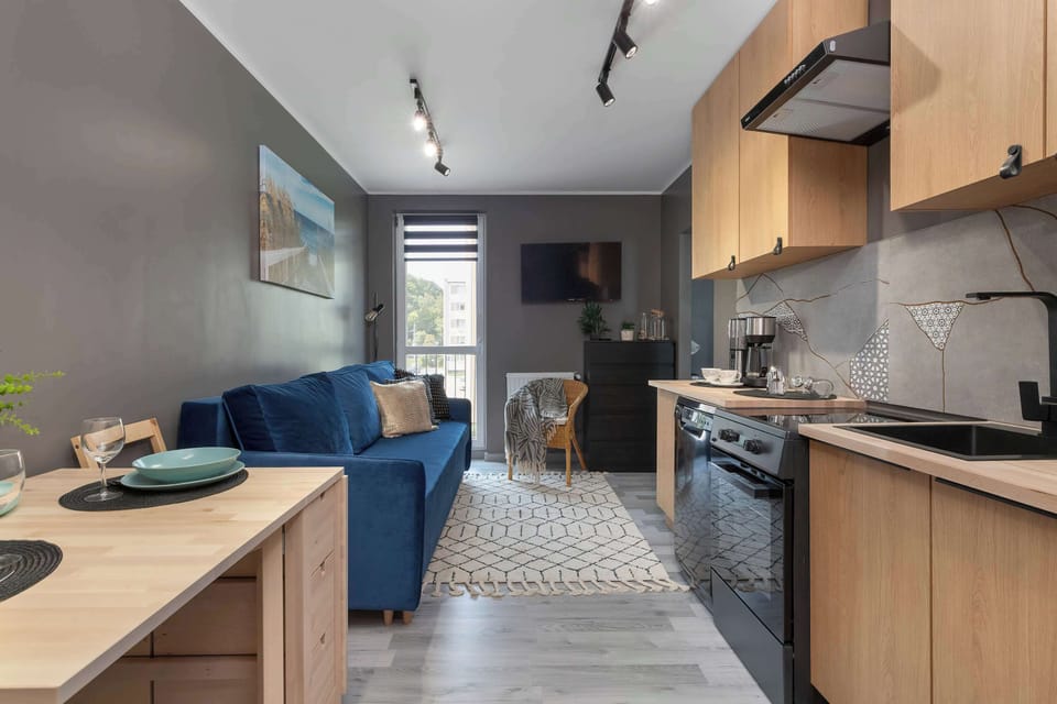 An open-concept living area seamlessly combines a dining space, a blue sofa, and a kitchenette. The layout efficiently utilizes the compact room while maintaining a modern aesthetic.