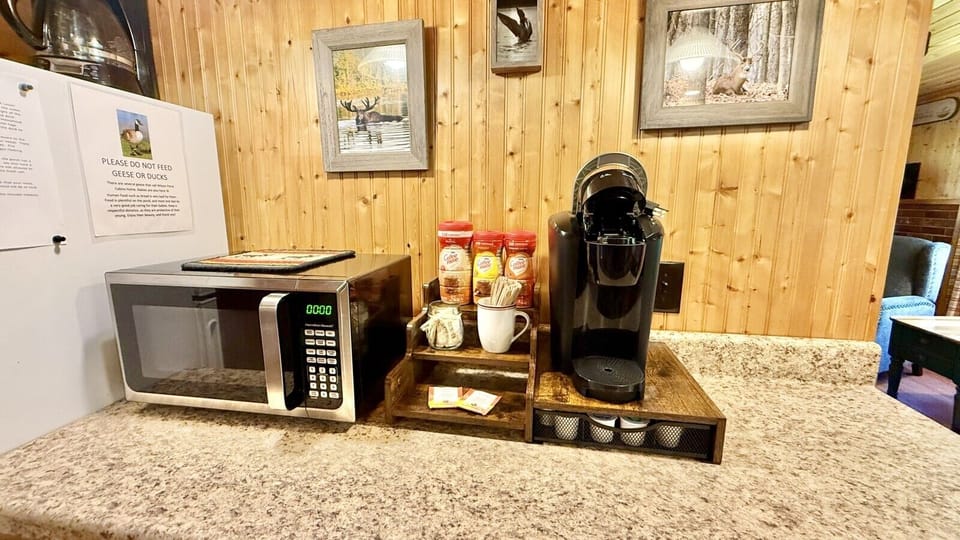 Coffee station with a Keurig, microwave, and complimentary coffee to start your mornings right.