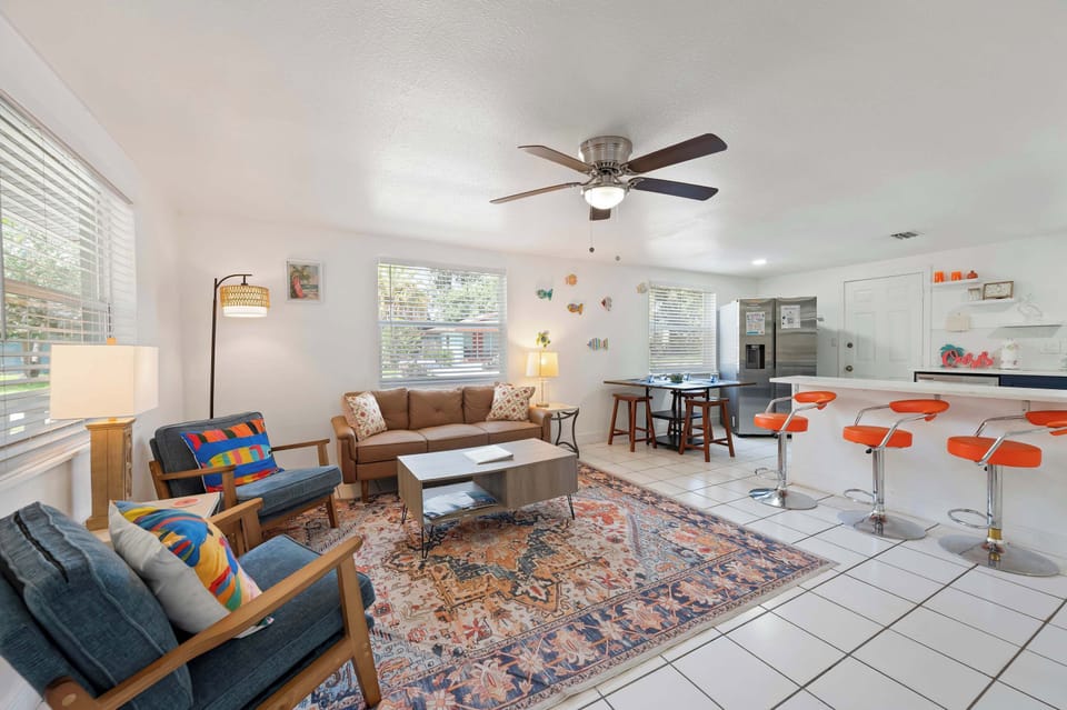Comfortable seating and Smart TV for entertainment.