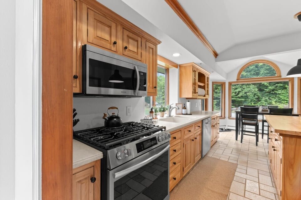 The smell of pancakes on the stove, coffee on the counter, and woods out the window. Pure weekend getaway energy.