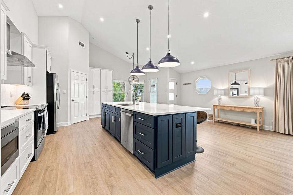 Bright, open kitchen with large center island
