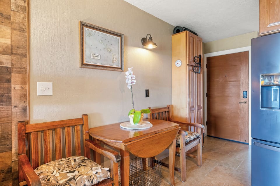 Pull up to the dining table for cards and coffee when the beach can wait.