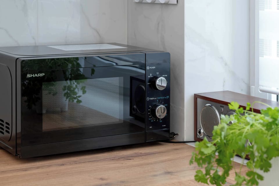 A close-up highlights a microwave placed neatly on the kitchen counter beside a fresh green plant. The tidy workspace adds to the modern appearance.