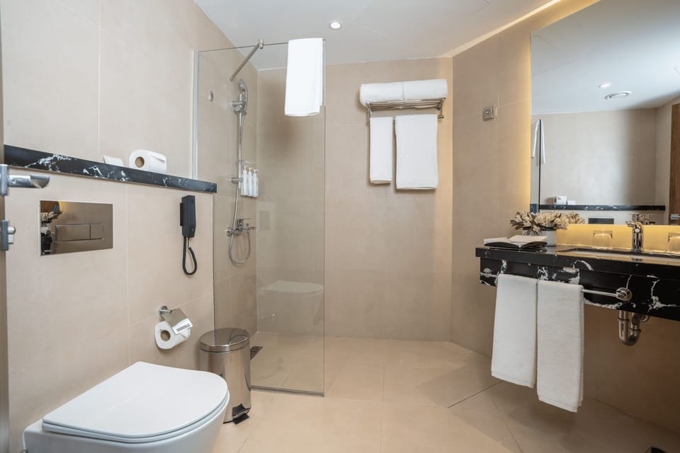 Shower, free toiletries, hair dryer, slippers