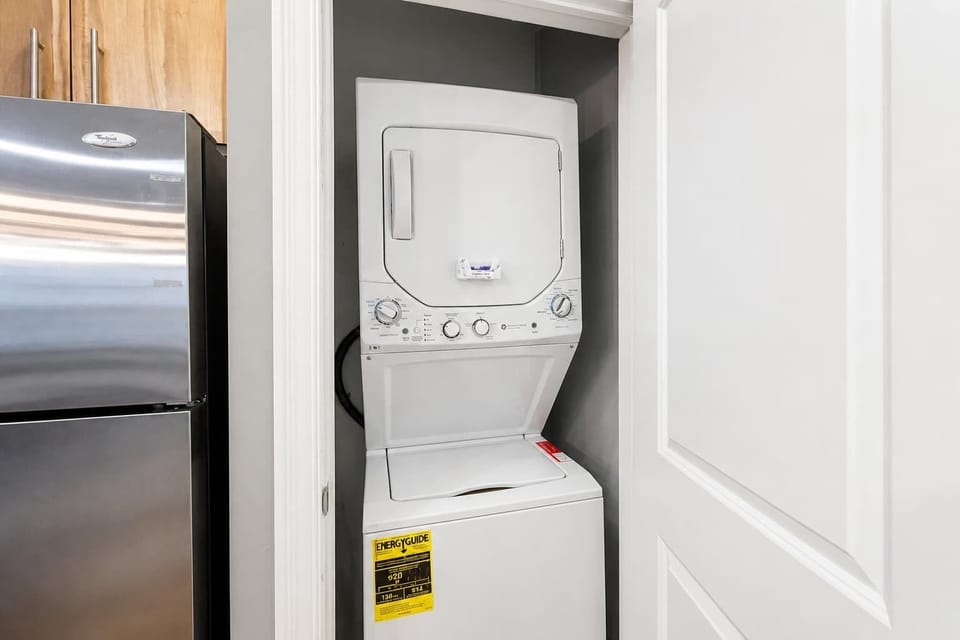 Stacked in-unit washer/dryer — laundry without leaving the apartment