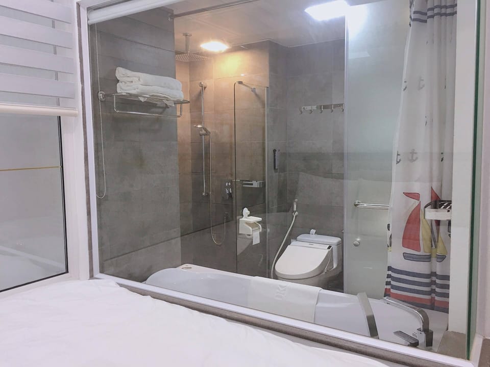 Shower, free toiletries, hair dryer, towels