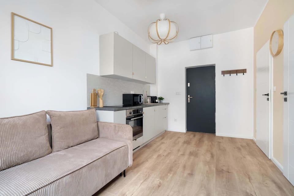 Looking towards the front entrance, the open layout displays the kitchenette, beige sofa, and a dark front door.