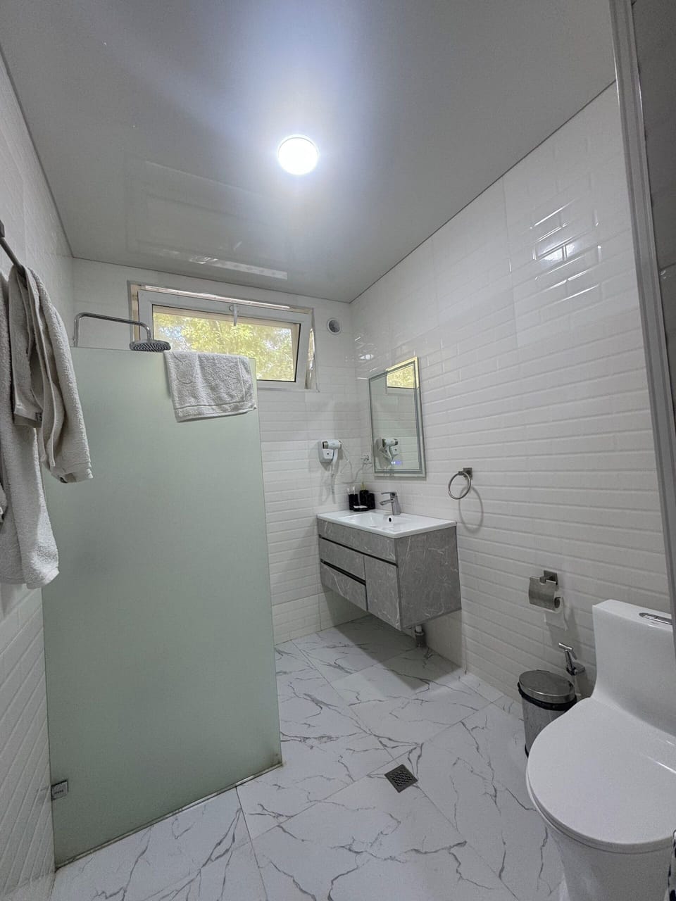 Hair dryer, towels, soap, shampoo