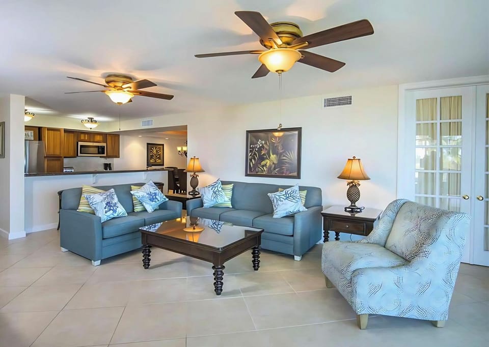 Gather for easy conversation in this spacious, open living room.