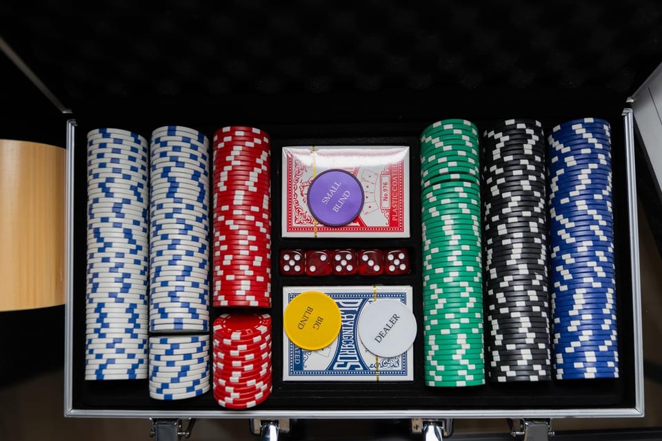 A full poker set is ready to go, so game night can start the moment guests sit down.