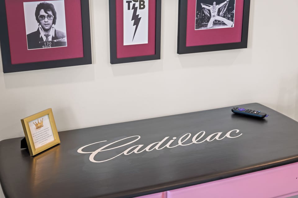 Stylish music-themed decor with bold Cadillac flair