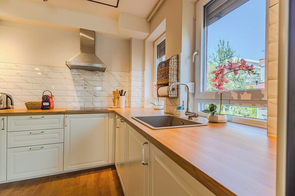 Kitchen sink area with integrated undermount basin, stainless steel extractor hood and natural window light overlooking greenery outside. Nespresso, kettle and toaster included. White Feather by Bianca, Brasov.