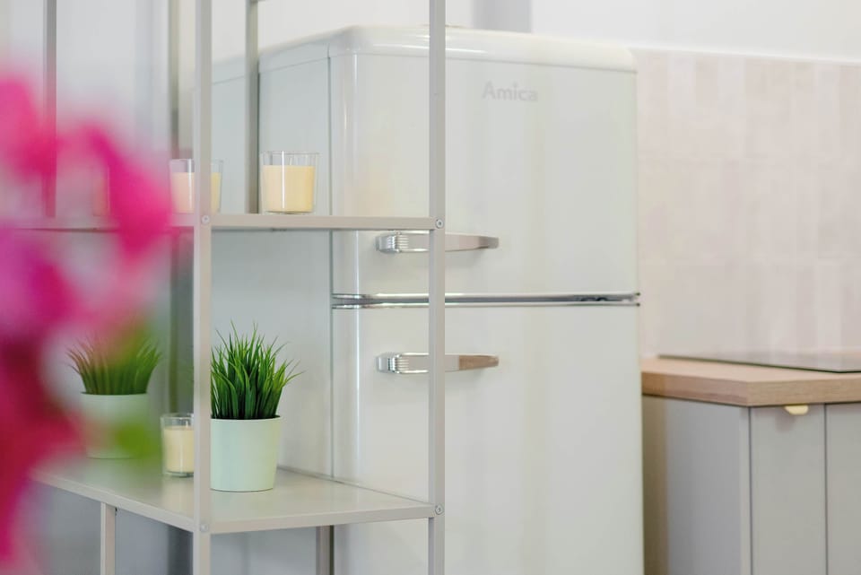 Bright kitchenette with white cabinets, a refrigerator, a countertop and a small decorative plant.